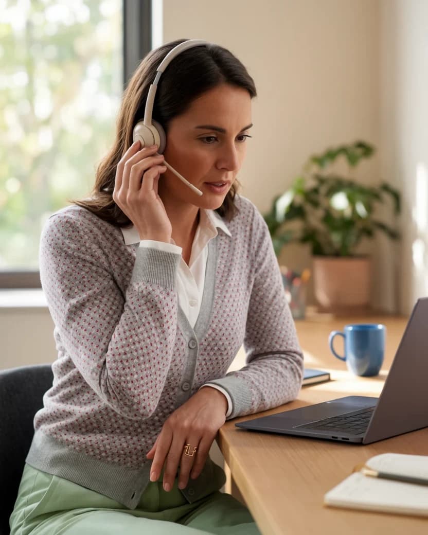 Une directrice commerciale en appel à son bureau, casque sur la tête, ordinateur ouvert.
